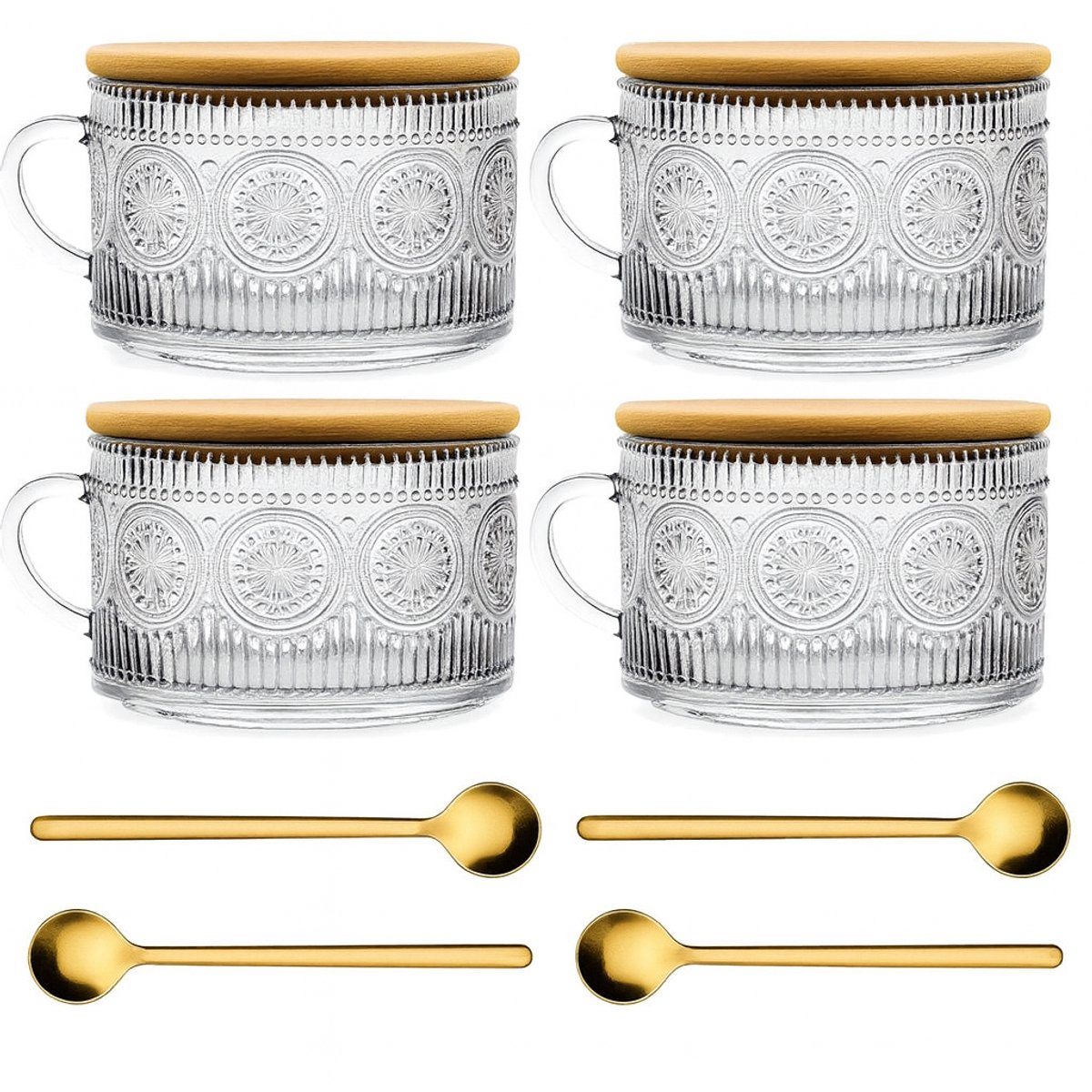 Dutchers.® Overnight Oats Potjes - Set van 4 - Retro - Lepels Inbegrepen - Potjes van Glas - 540ml - Glazen Potjes met Deksel - Overnight Oats - Muesli Beker - Hygiënisch - Lunchpot - Yoghurtbeker - Milieuvriendelijk - Glas & Bamboe - Ontbijt & Lunch