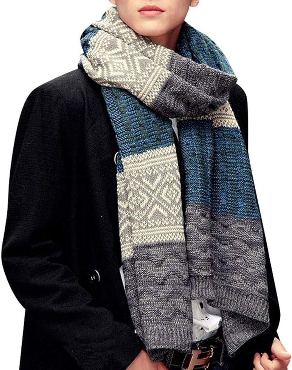 Lange wintersjaal voor heren, warm geruit gebreid, zachte dikke rand (blauwgrijs)
