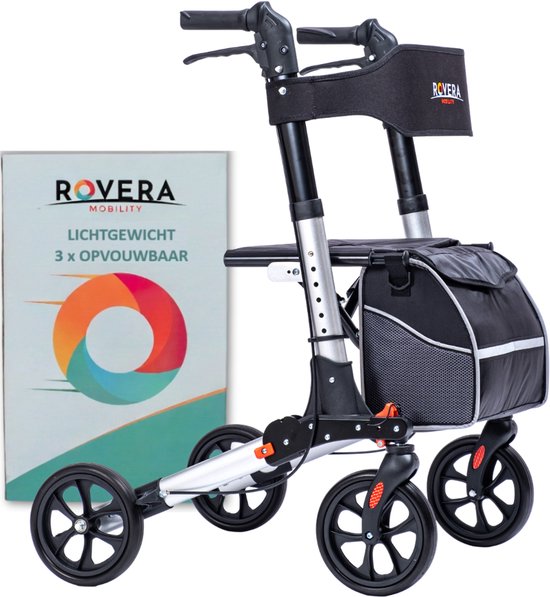 Rovera Mobility® Rollator Easy Dualfold – 3x Opvouwbaar & Lichtgewicht – Zachte Brede Rugsteun & Comfortabele Zitting – Incl. Luxe Rollatortas- voor Binnen & Buiten – Zilver