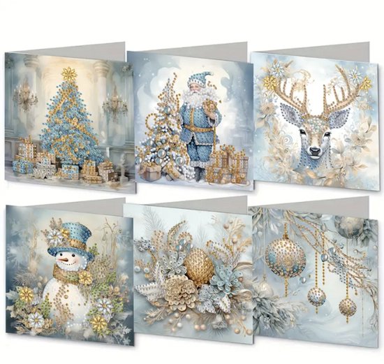 Zes kerstkaarten met diamond painting afbeeldingen: een kerstboom, kerstman, hert, sneeuwpop en twee bloemstukken.