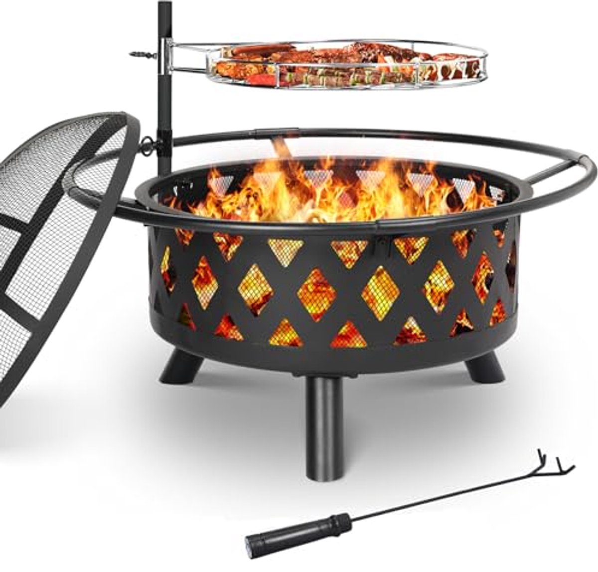 Grote Vuurschaal met Draaibaar Grillrooster, Ø76 cm - Multifunctionele Terras Fire Pit en BBQ Vuurschaal