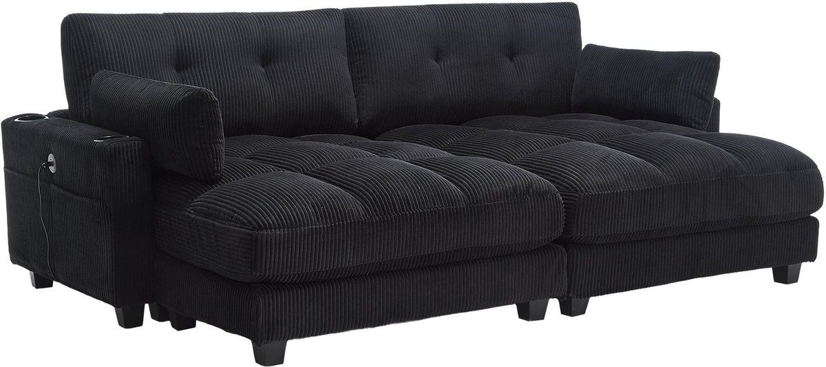 Merax Palmensessel – Luxe Fauteuil van Kordstof met USB Oplaadfunctie – Verstelbare Hoofdsteun – Bekerhouders en Zijvak – Zwart