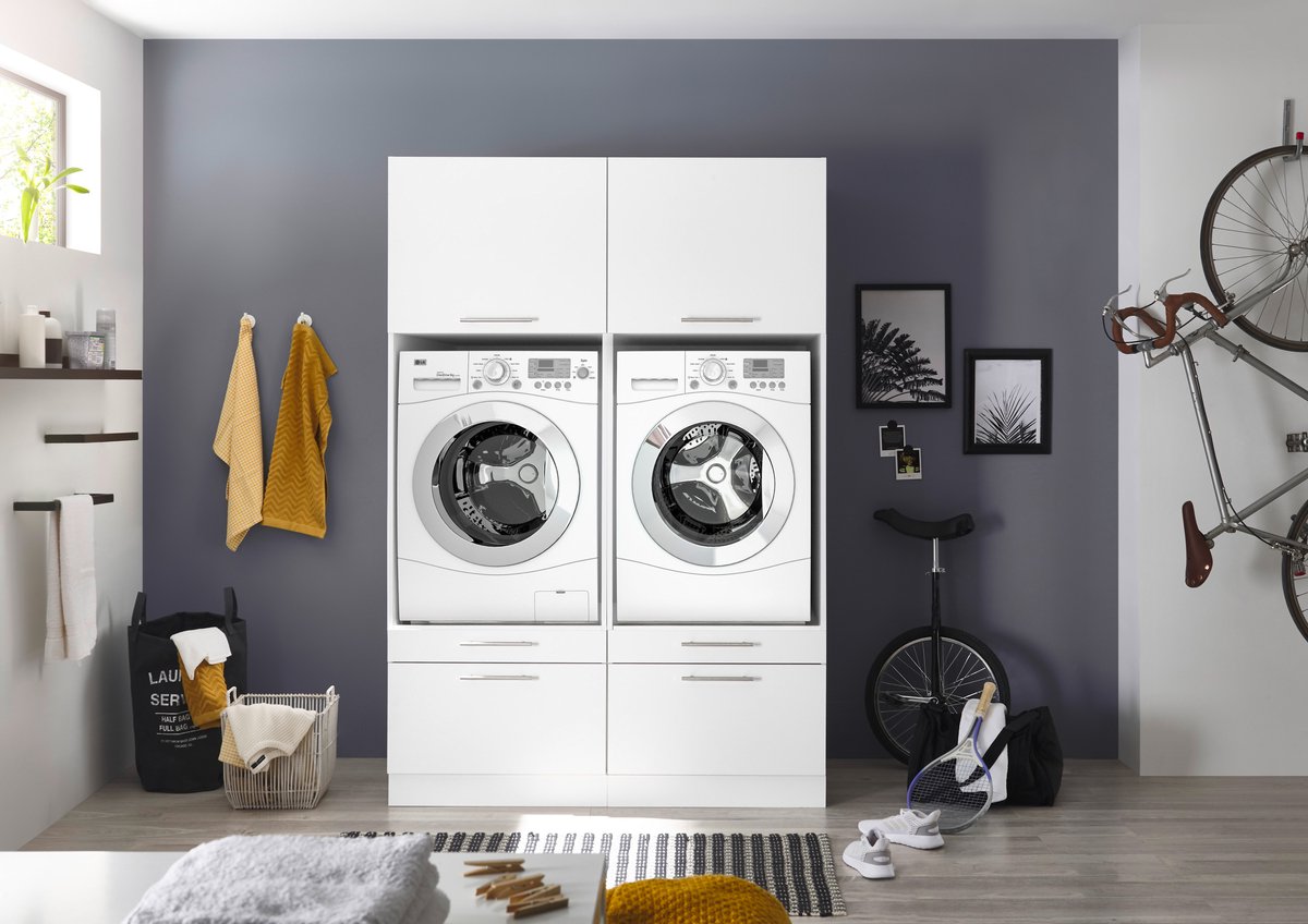 Wasmachine kast - Wasmachinekast met verhoger - Duo wasmachine meubel - Wasmachine en droger ombouw meubel - Wit