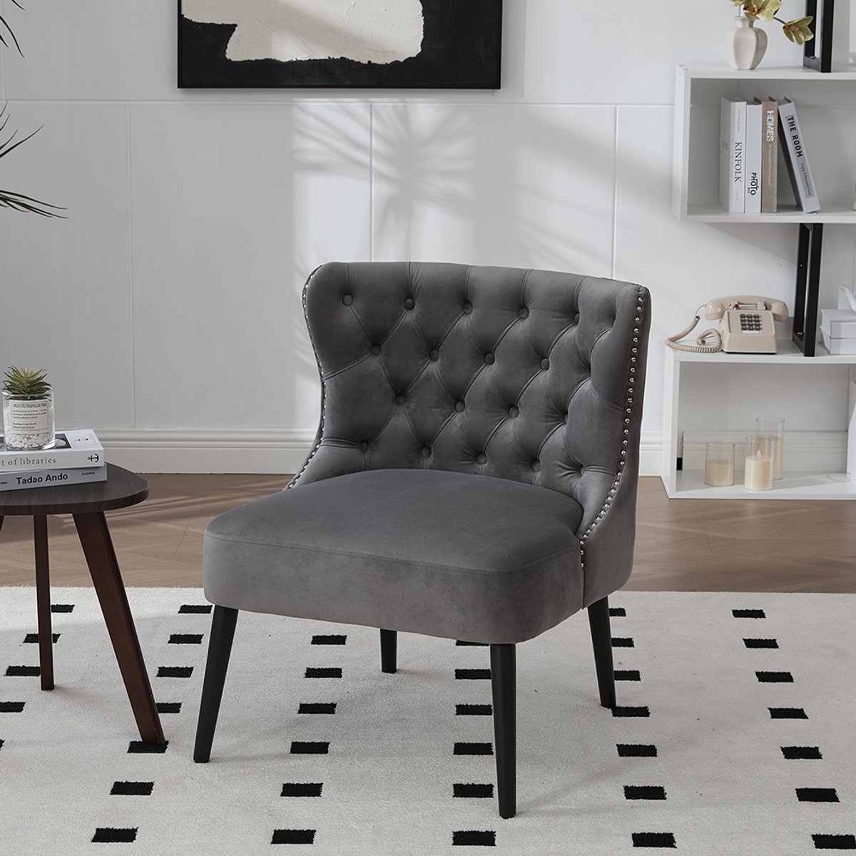 BLACKCOLORS Enkele fauteuil van fluweel met knopen, modern ontwerp zonder armleuningen, met spijkerrand en massief houten poten, voor woonkamer, slaapkamer