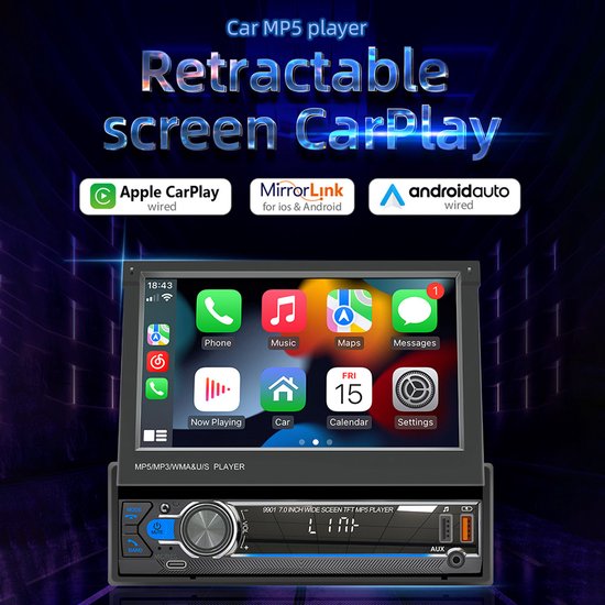 Autoradio Bluetooth - 7 Inch Car Radio Stereo met Carplay Android Auto met Handmatig Telescopisch Aanraakscherm MP5-Speler Spiegelverbinding Bluetooth 5.1