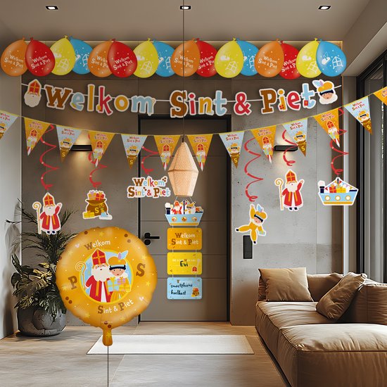 Slinger met vrolijke Sinterklaas decoraties, ballonnen en banners met 'Welkom Sint & Piet'.