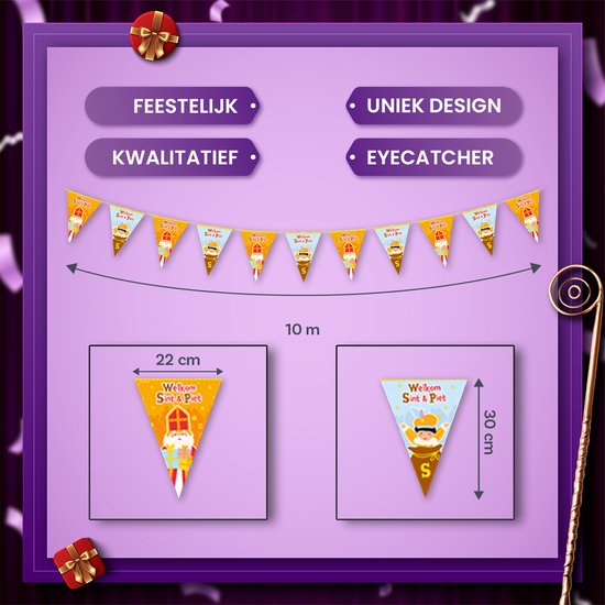 Illustratie van een Sinterklaas slinger met de afmetingen 10m, 22cm en 30cm.