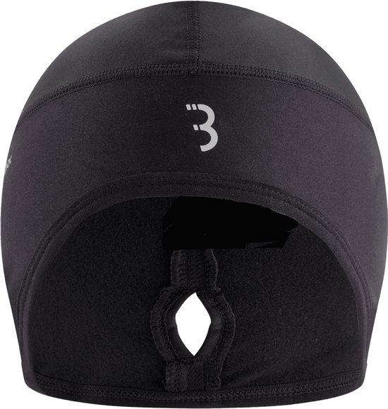 Zwarte thermische muts met achteropening en wit logo 3, binnenkant van fleece.