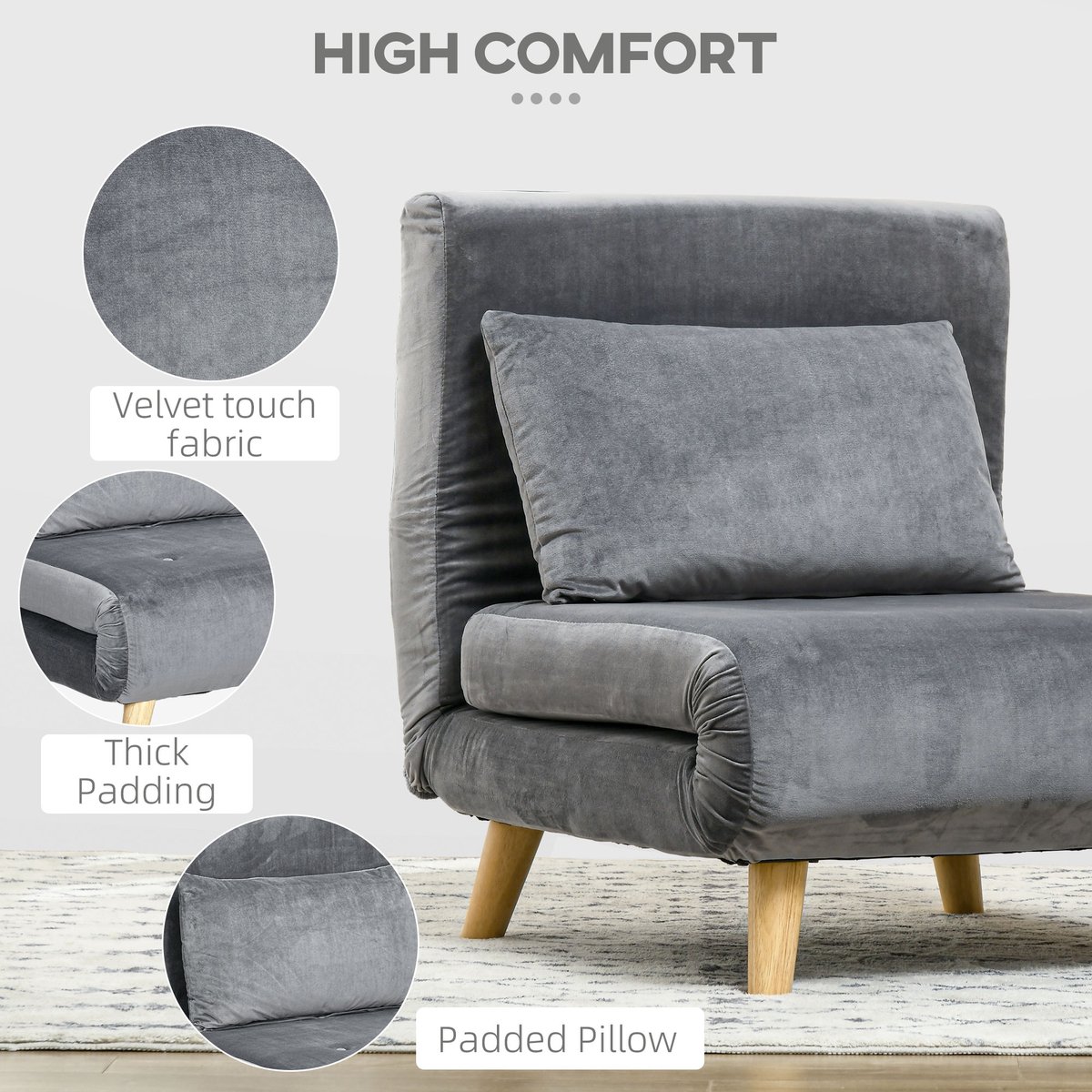 HOMCOM Schlafsessel 2-in-1 klappbar Schlafsofa mit Bettfunktion Relaxsessel mit Verstellbarer Rückenlehne, abnehmbar Kissen, Samtoptik, Gästebett bis 120 kg, Sofabett für Wohnzimmer, Schlafzimmer Blau