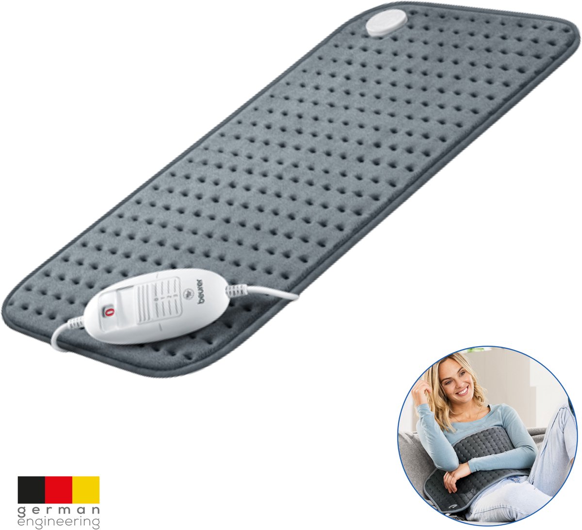 Beurer Elektrisch Warmtekussen XXL| Heating pad | 60 x 30 cm | HK 123 | 3 Warmtestanden |Max 65°C | Snelle opwarming | Automatische uitschakeling | Fleece| Machinewasbaar | 3 Jaar garantie | Grijs
