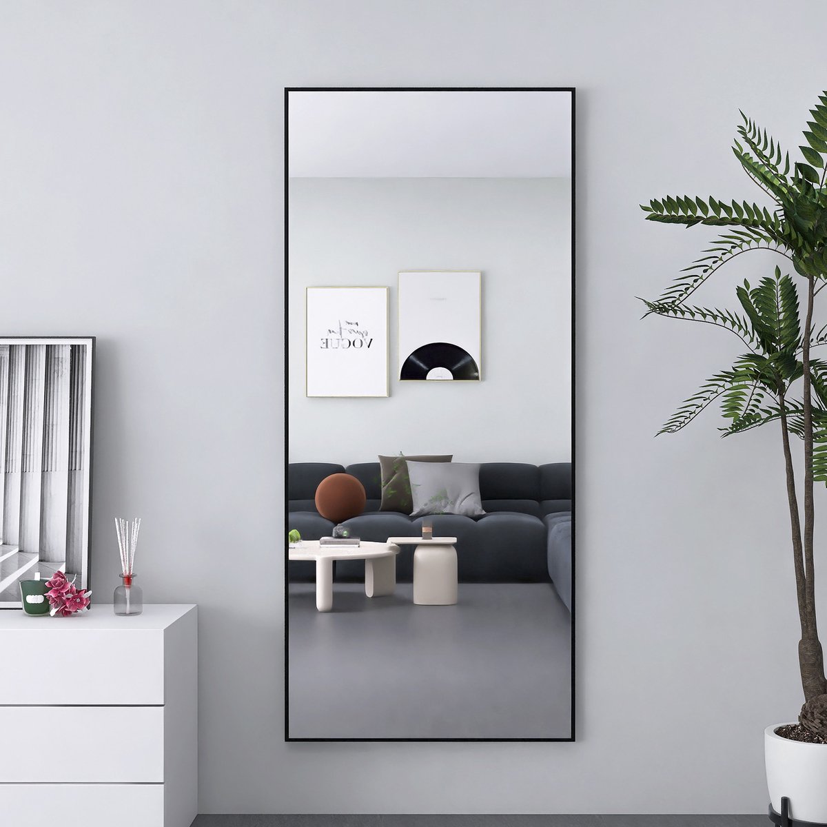 Passpiegel 180x80 cm - Grote wandspiegel met multifunctionele aluminium lijst (hangend/zittend/staand), Passpiegel voor badkamer, slaapkamer, hal of woonkamer, zwart