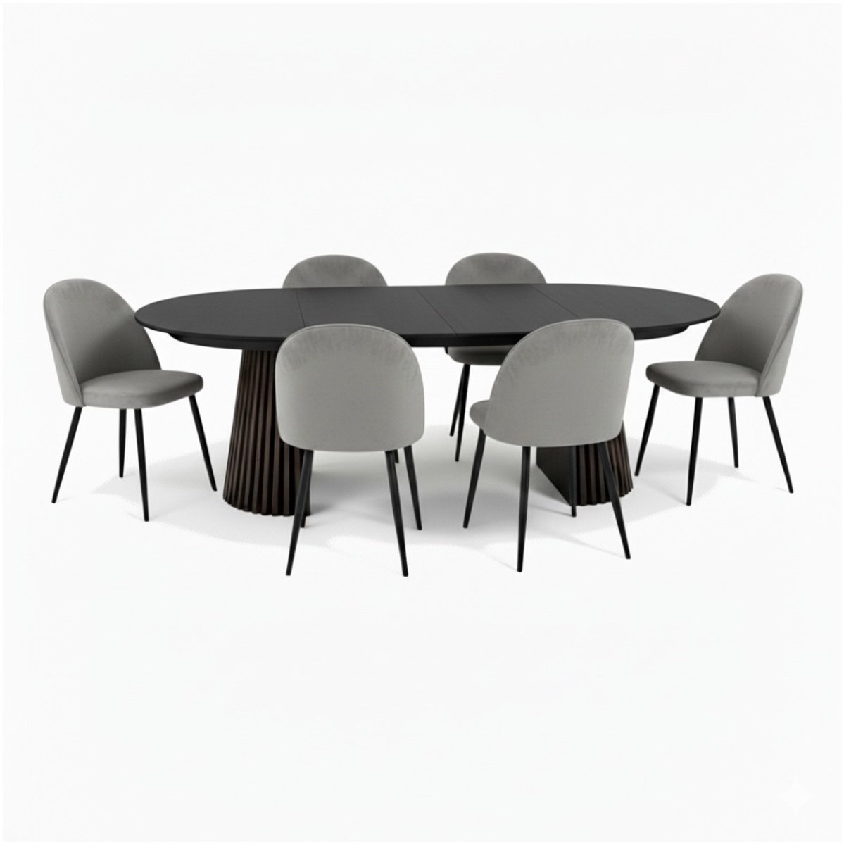 Tokyo eethoek eettafel zwart, 6 stoelen met grijze velours bekleding.