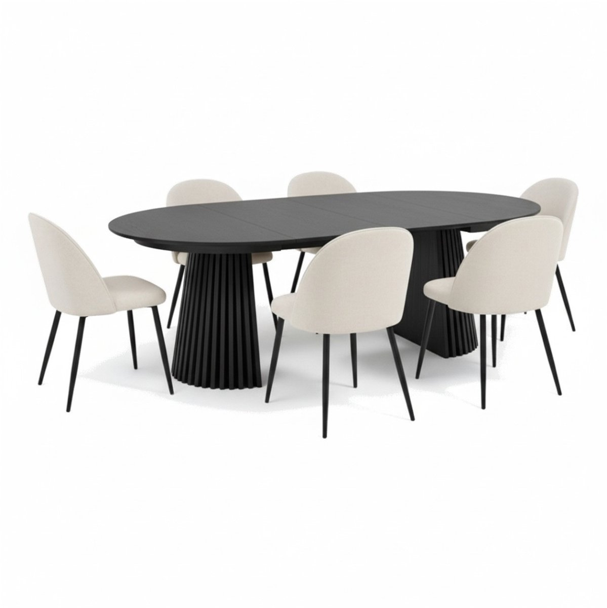 Tokyo eethoek eettafel zwart, 6 stoelen met beige ribfluweel bekleding.