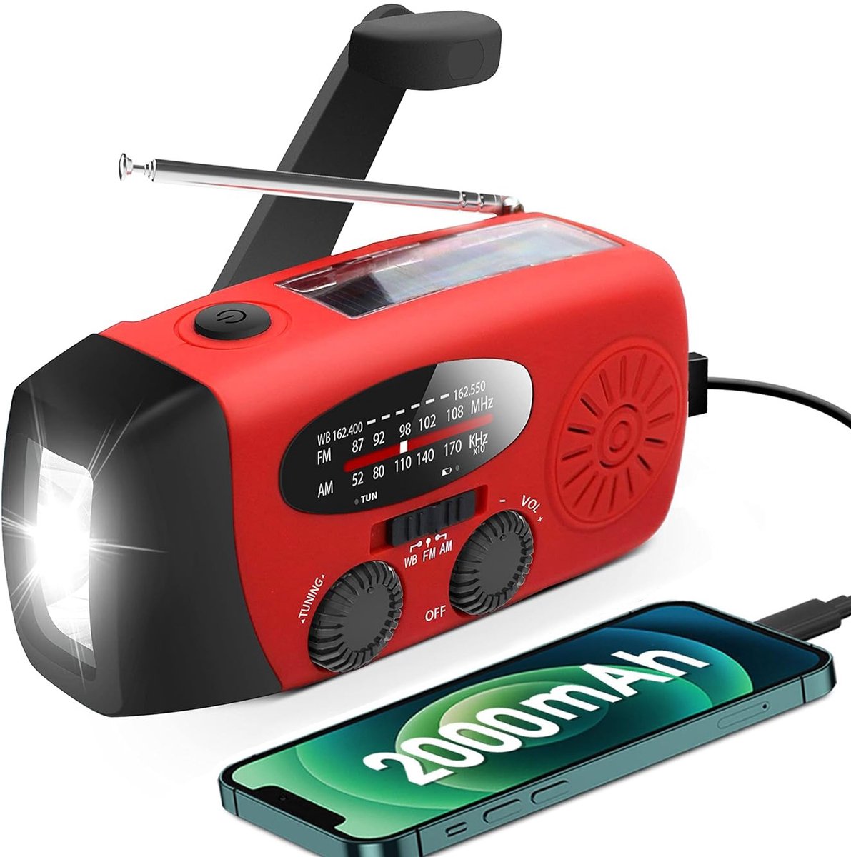 Noodradio met handzwengel en LED-zaklamp – AM/FM weerwaarschuwing radio – 2000 mAh powerbank – Zonne-energie & USB-oplaadbaar – Compacte draagbare noodradio voor kamperen, noodsituaties & stroomuitval – Multifunctionele weer radio – Rood