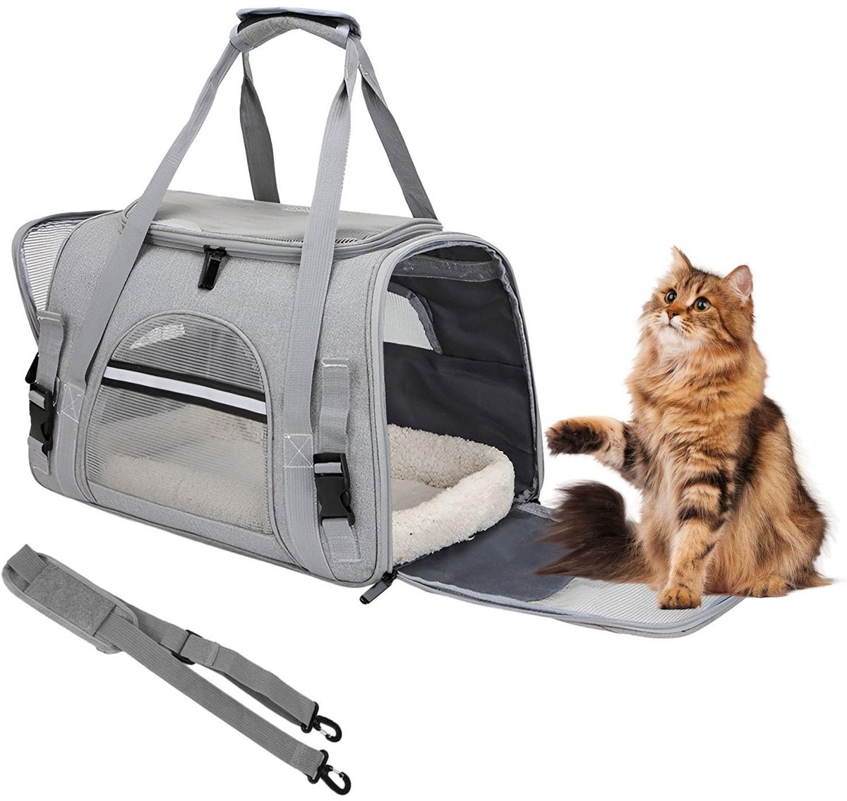 Ynkkvre - huisdier draagtas met fleece mat - transporttas voor katten en kleine honden tot 10 kg - reistas voor katten en puppy’s - geschikt voor auto, vliegtuig en trein - grijs