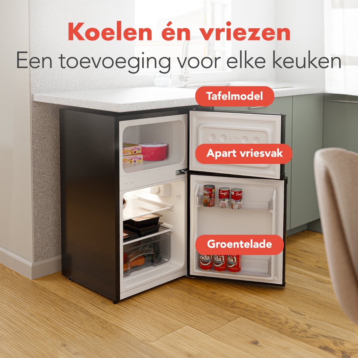 KitchenBrothers Koelkast - 61L Koelvak - 24L Vriesvak - Koelvriescombinatie - IJskast - Frigo - Vrijstaand - Zwart — afbeelding 3