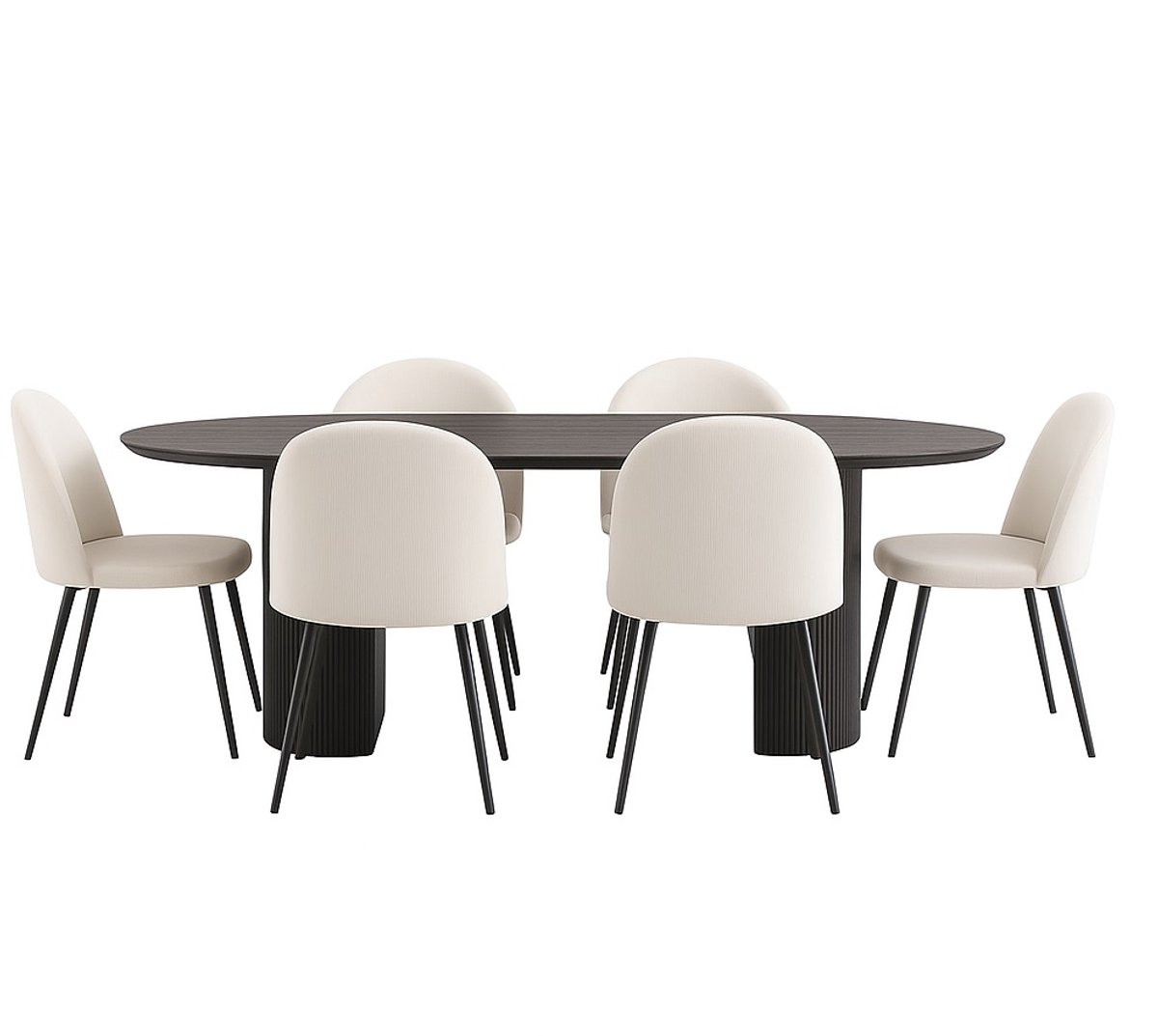 House Nordic Kyoto eethoek eettafel donkerbruin, 6 stoelen met beige ribfluweel bekleding.
