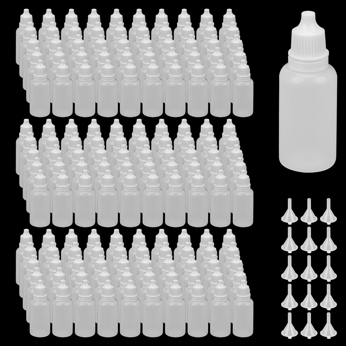 100 Pcs 20ml Plastic Dropper Bottles, Empty Eye Drop Bottle with Cap and Funnel, White Squeeze Bottle for Eye Drops, Essential Oils