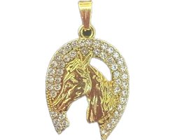 Ketting met paard en hoefijzer - Goudkleurige paarden bedel met glitter en 60 cm ketting - Hanger paardenhoofd met hoefijzer en ketting - Bedel 25 x 45 mm