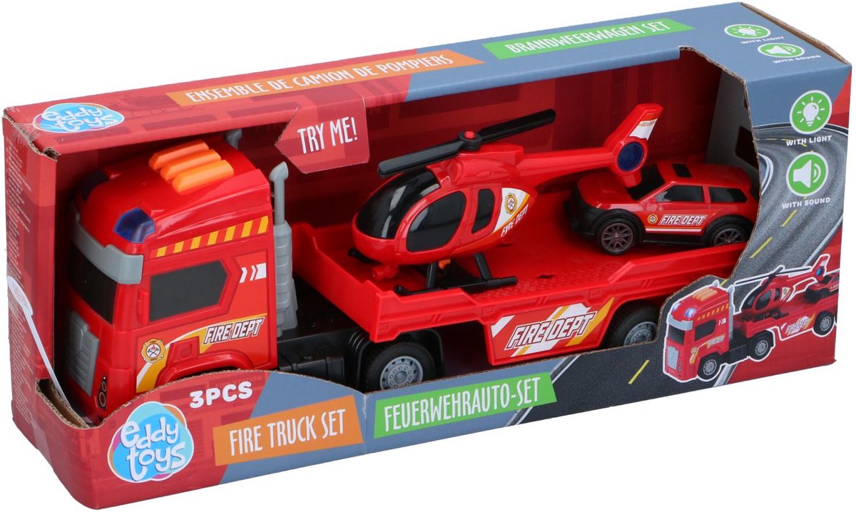 Eddy Toys Brandweerwagen Set 3 Stuks - Fire Truck Set met Oplegger, Helikopter en Brandweerauto - Speelgoed Auto, Helikopter en Brandweerauto Met Licht en Geluid - Fire Dept - Rood — afbeelding 5