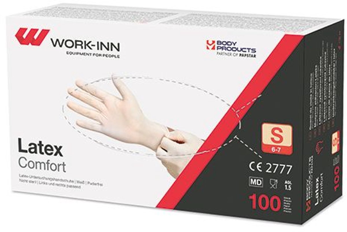 100 WORK-INN Handschoenen Latex poedervrij Comfort wit/natuur Maat: S