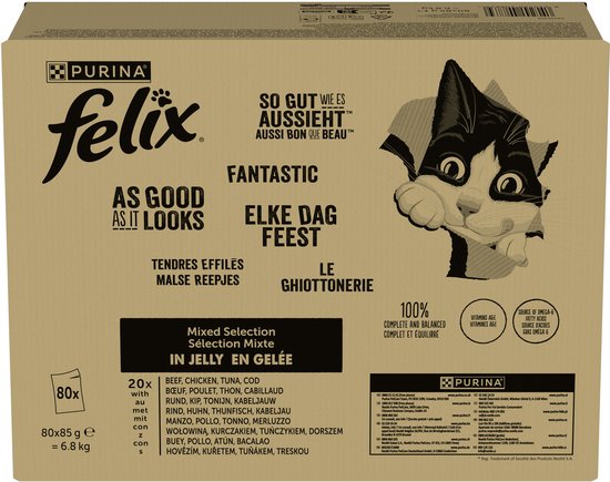 Felix Elke Dag Feest Mix Selectie in Gelei - Kattenvoer Natvoer - Kabeljauw Tonijn Rund & Kip - 80 x 85 g