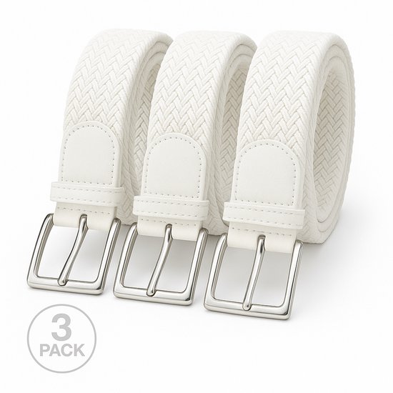 Drie witte gevlochten elastische riemen met zilverkleurige gespen, 3-pack.