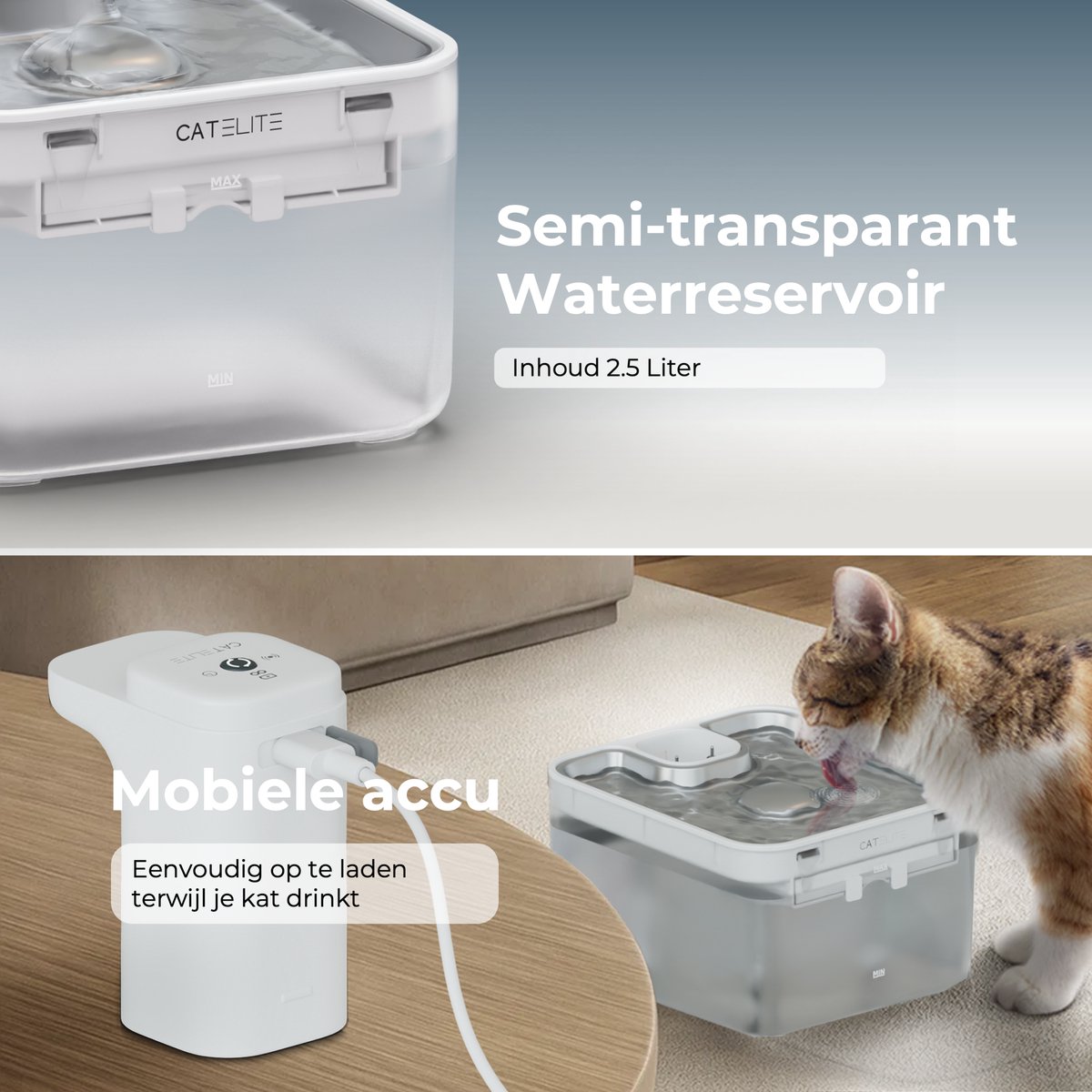 CatElite® - Draadloze Drinkfontein Kat RVS | Wave - Waterdispenser met Sensor & Accu - Incl. 2 Filters - 2.5L Waterfontein Kat - Kattenfontein - Fluisterstil - Wit - Upgraded Version thumbnail 7