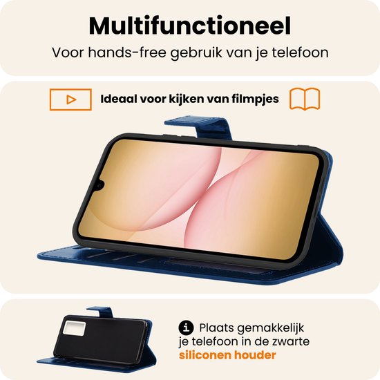 Donkerblauw telefoonhoesje in staande modus voor handsfree kijken, met siliconen houder.