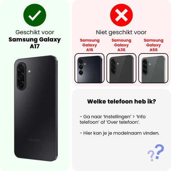 Zwart telefoonhoesje ter illustratie van compatibiliteit met Samsung Galaxy A17.
