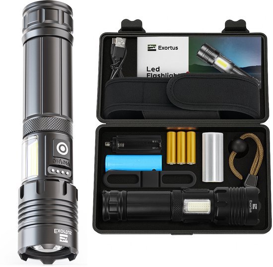 Exortus® Oplaadbare LED Zaklamp - 5000 Lumen - Duurzaam en Waterdicht - 26650 Batterij - COB Verlichting - Opbergdoos - Holster