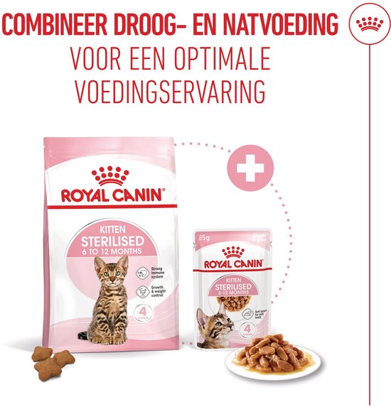 Verpakking van Royal Canin Kitten Sterilised 6-12 maanden droogvoer en zakje natvoer. Een kitten zit op de verpakking. Drie stervormige brokken liggen ernaast.