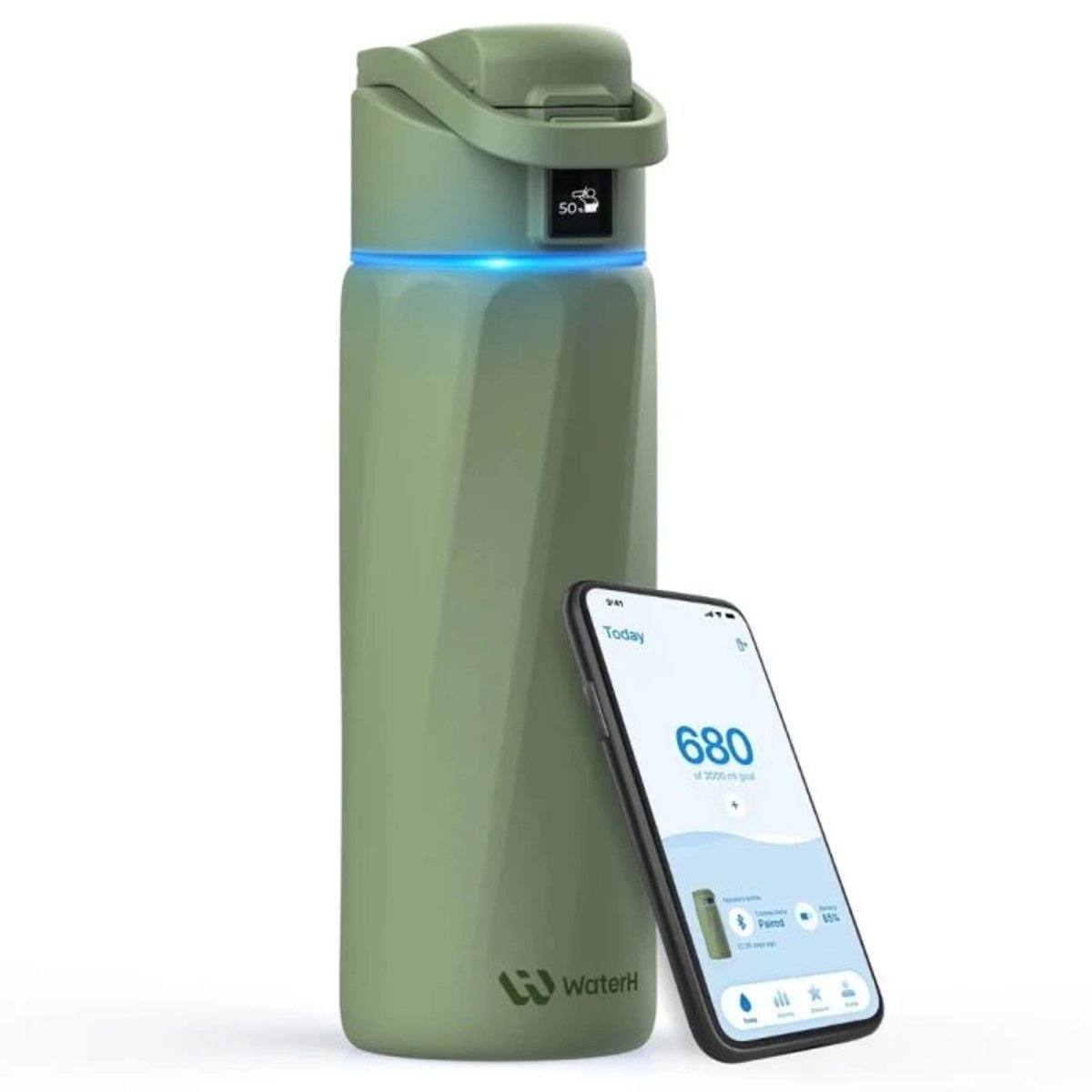 WaterH BOOST - Slimme Waterfles met Herinnering om Water te Drinken & Water Tracker Fles - Dubbelwandige stalen drinkfles - Wijde opening - 710ml - Mint Groen