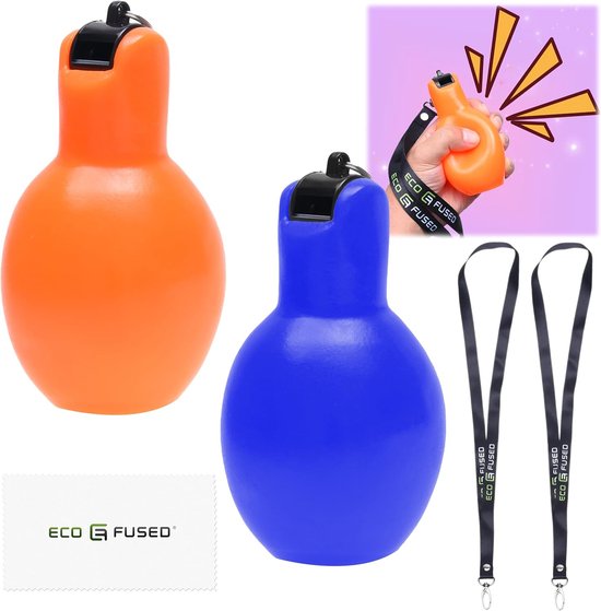 Oranje en blauwe knijpbare fluitjes met zwarte lanyards en een schoonmaakdoekje.