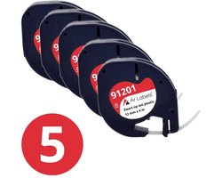 5x Dymo Compatible Letratag Navulling Label tape 91201 - Plastic - Zwart op wit - 12 mm x 4 m - S0721610 - Ar Labels - Zelfklevend - Multifunctioneel - Label tape cassette voor Dymo LetraTag Labelprinter