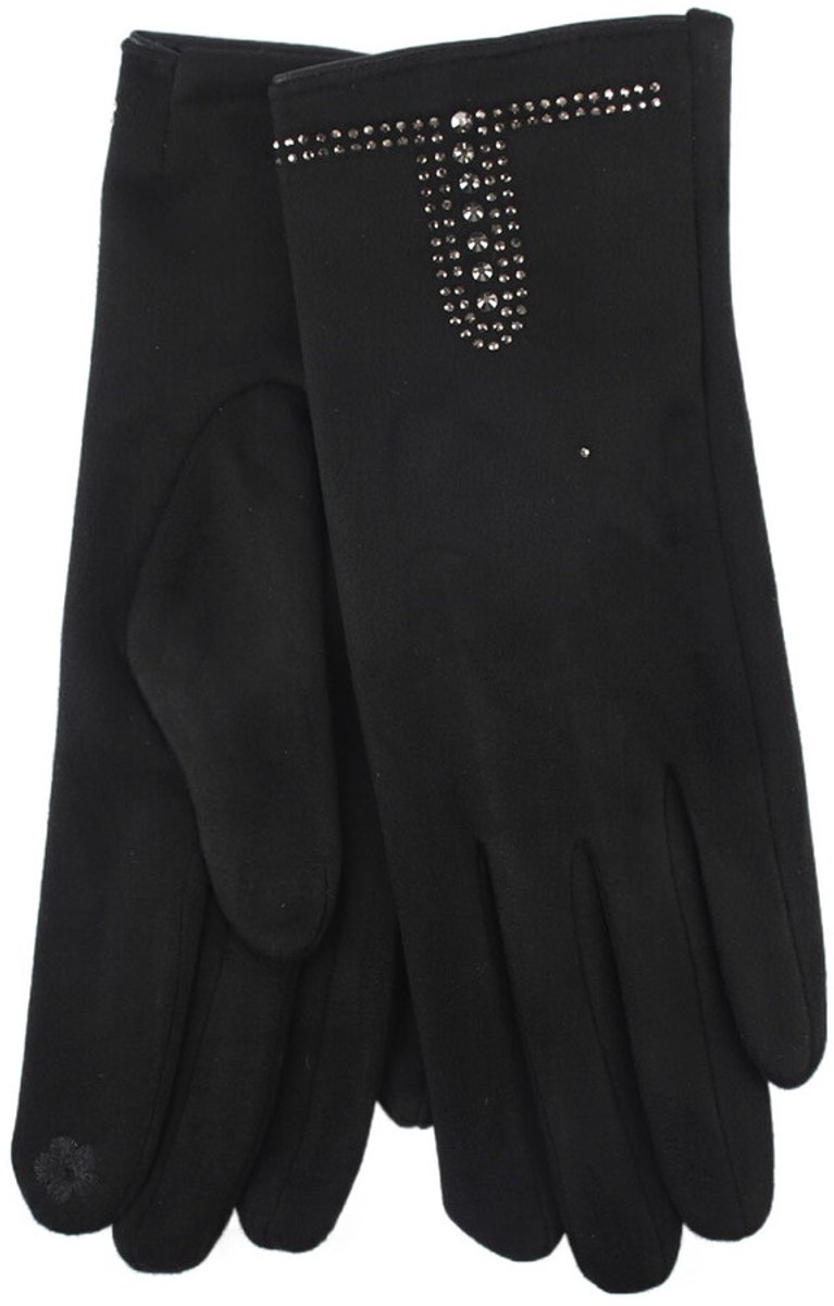 Stevige faux suede dames handschoenen Minka-strass steentjes-effen zwart-touchscreenfunctie