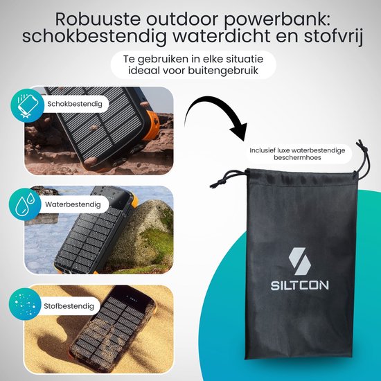 Siltcon® Solar Powerbank Extreme - Powerbank à énergie solaire - Powerbank 30 000 mAh - Pack d'urgence - Chargeur rapide 22,5 W - Voyant LED - Lampe de poche - Compatible iOS/Android - USB-A/USB-C - 4 câbles intégrés - 4 panneaux 8 W