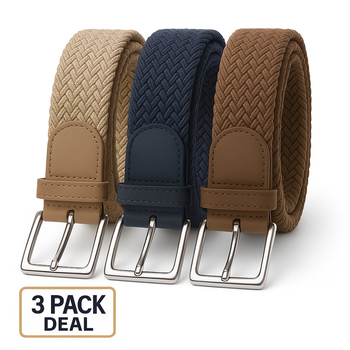 3 pack deal - Elastische riem - gevlochten broekriem - dames en heren riemen - Kleur 1 Beige 2 Blauw 3 Bruin 120 cm