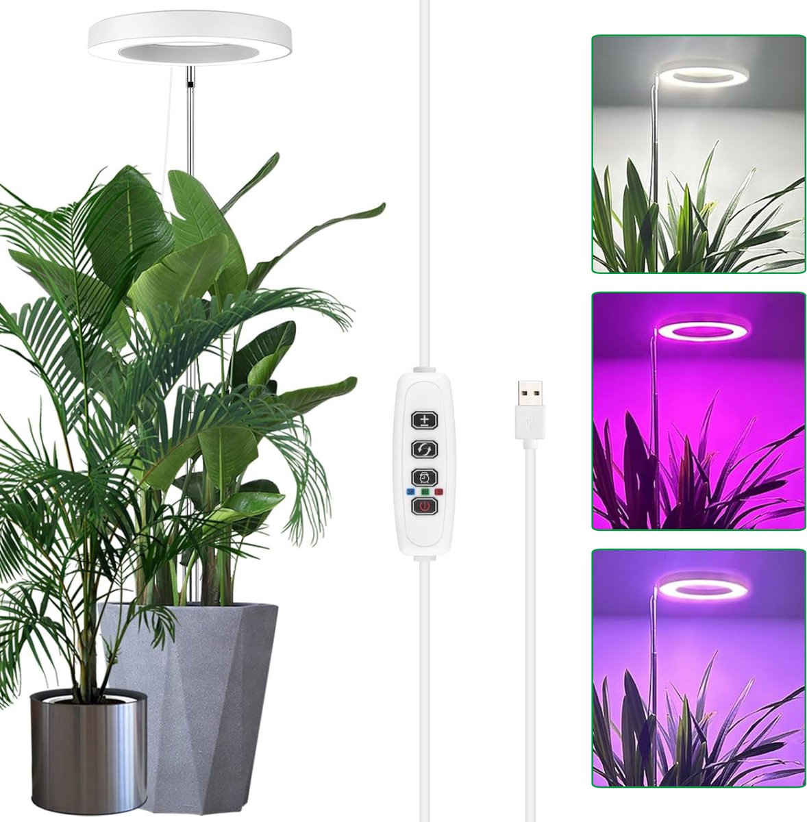 Rosnek Witte LED Groeilamp met Dimbare Helderheid - Full Spectrum 72LEDs - Verstelbaar (35-155cm) & Timer 3/9/12U - Kweeklamp voor Binnenplanten