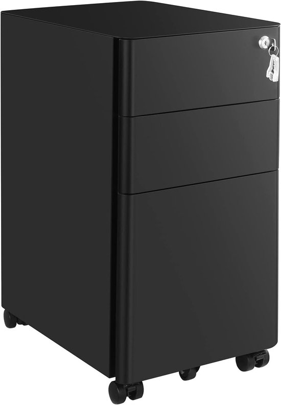 Conway Living- Caisson à tiroirs de Luxe en acier sur Roues - Avec serrure - Armoire de bureau mobile - Armoire de classement suspendue mobile - Verrouillable - 3 tiroirs - Zwart - 46 x 30 x 59 cm