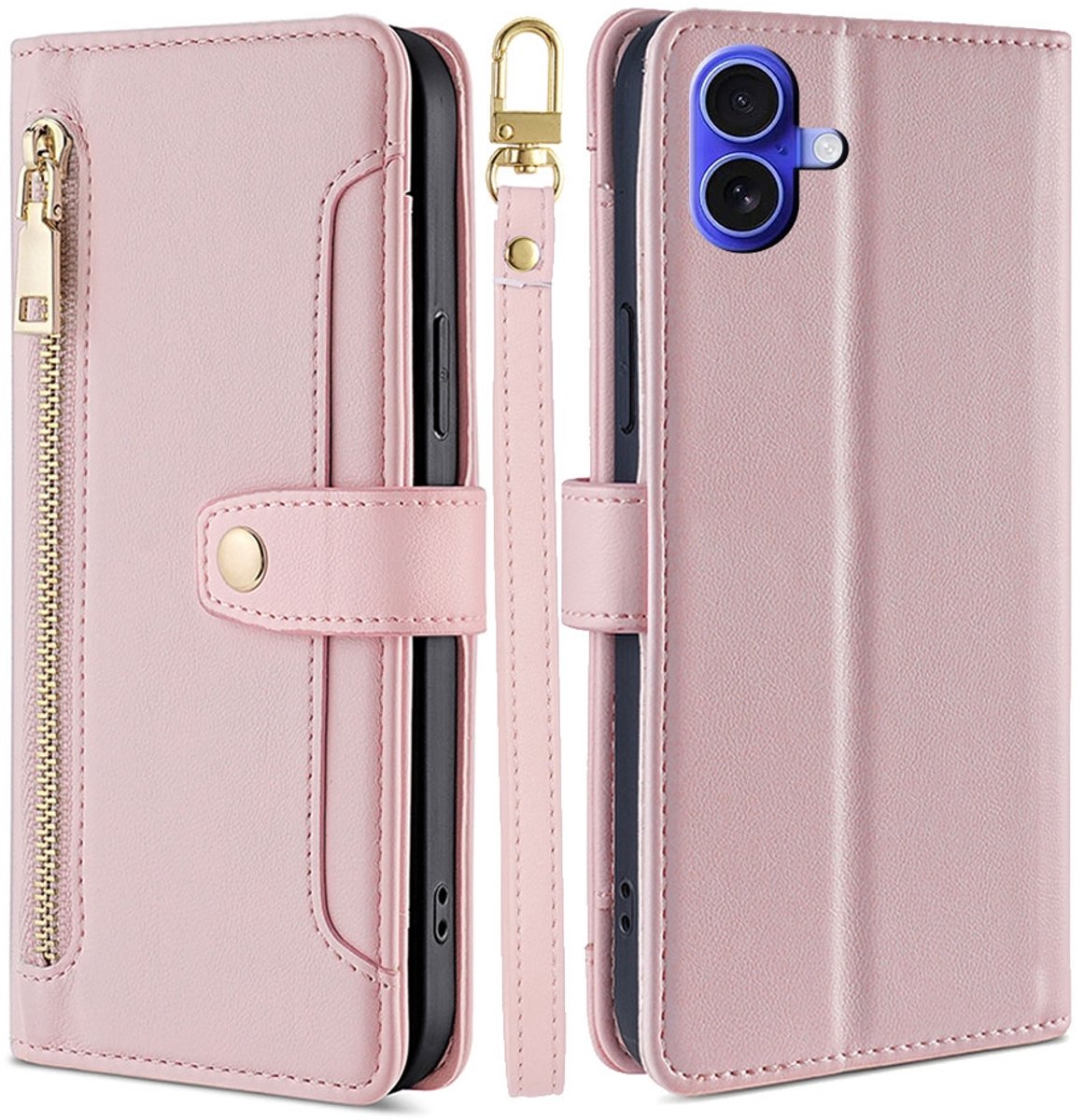 Luxe Portemonnee - Etui Hoes Tas geschikt voor iPhone 16 - Met Schouder - Draagkoord - Roze