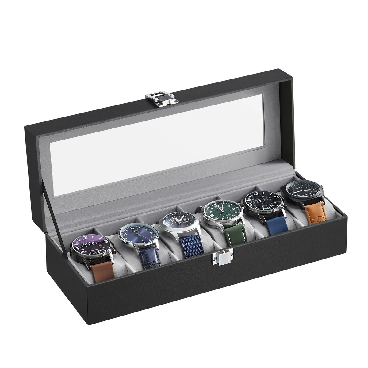 Horlogebox met glazen deksel - 6 vakken - Fluwelen kussentjes - Zwart PU leer - Luxe opbergdoos - Compact 11,2x30x8 cm - Stijlvol en stofvrij - Inclusief slot