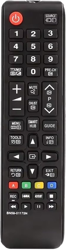 Zwarte Samsung tv-afstandsbediening met rode aan/uit-knop, numerieke toetsen en functieknoppen.