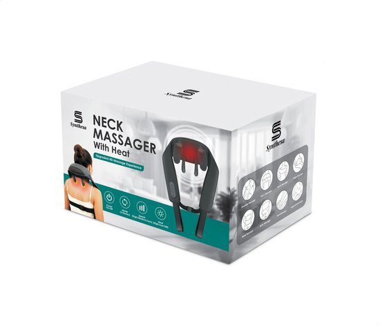 Doos van nekmasseermachine met warmte. Toont een vrouw die de masseermachine draagt.