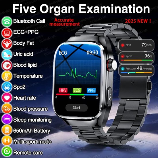 2025 Smartwatch ECG HRV/urinezuur/BMI voor heren en