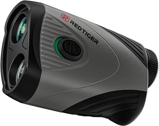 Grijze en zwarte REDTIGER golf afstandsmeter, close-up van de voorkant met rode en groene knoppen.
