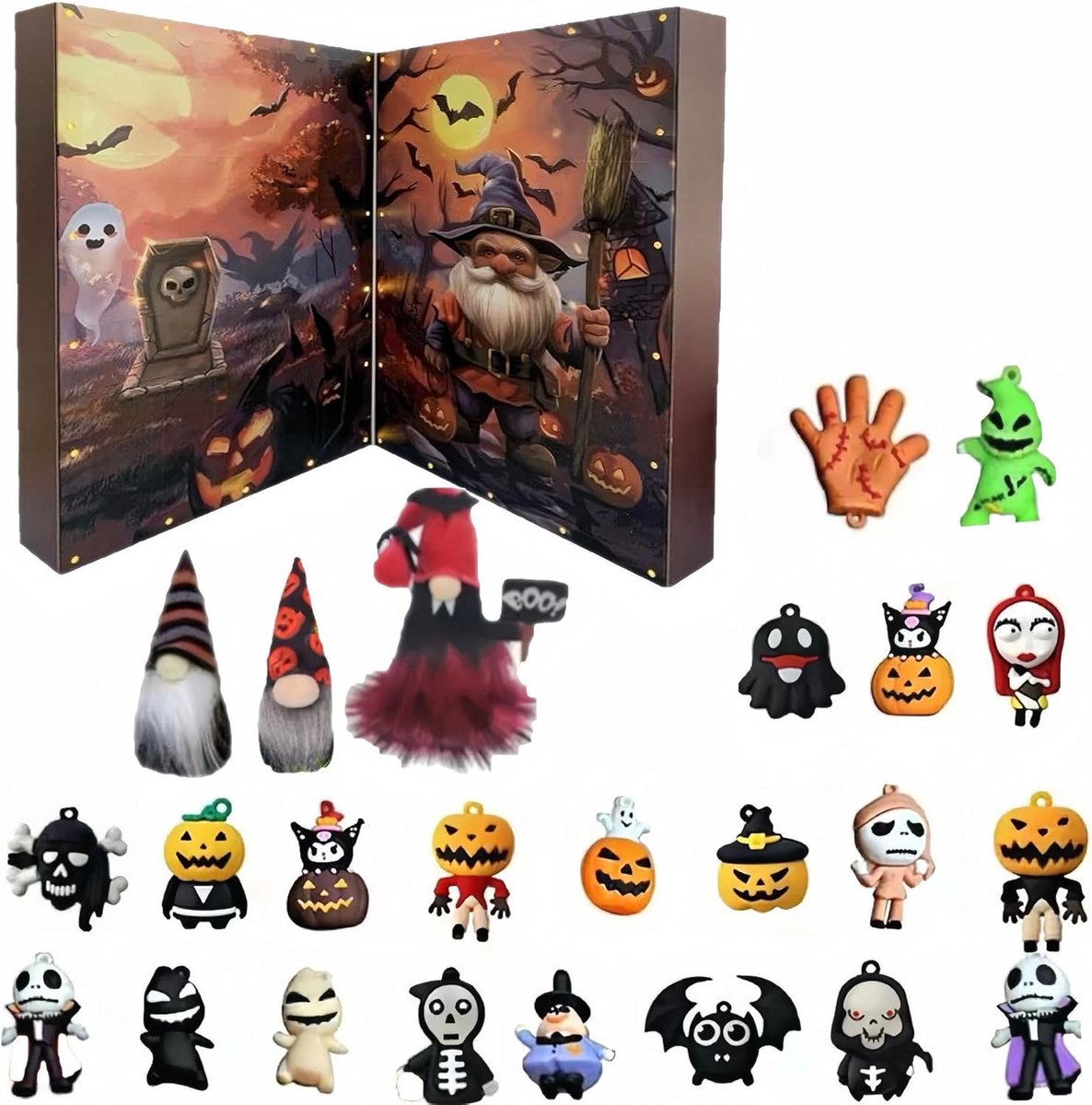 Halloween Aftelkalender 2025 - Halloween Aftelkalender - Halloween Decoraties - Halloween Cadeaus - Halloween Figuren - Inclusief 3 Dwergen - Halloween Cadeaus voor Kinderen, Jongens en Meisjes - 24 Stuks