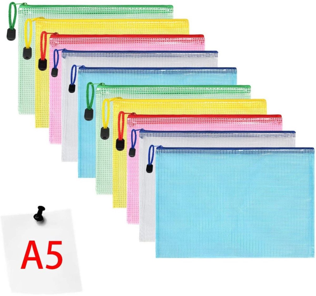 A5 Documentenmappen met Rits – 10 Stuks in 5 Kleuren – Waterdicht PVC Opbergmap – Transparant Mesh – Herbruikbaar & Duurzaam