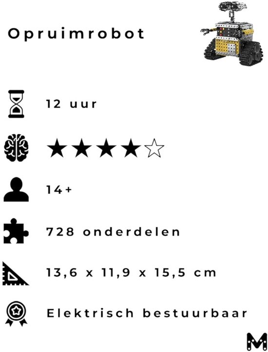 Opruimrobot, 12 uur batterij, 4 sterren beoordeling, 728 onderdelen, elektrisch bestuurbaar.