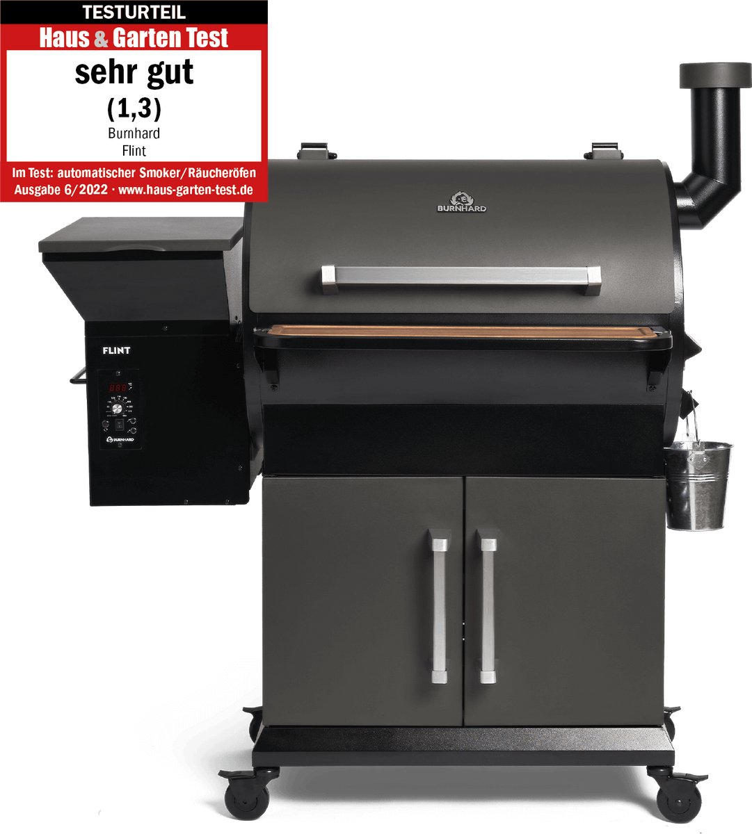 Pelletroker BURNHARD® Constante Hitte, 24u Roken, 70-230°C, 9kg Pelletkamer, Roestvrijstalen Roosters, Opklapbare Voortafel, Onderkast, UV-hoes – FLINT